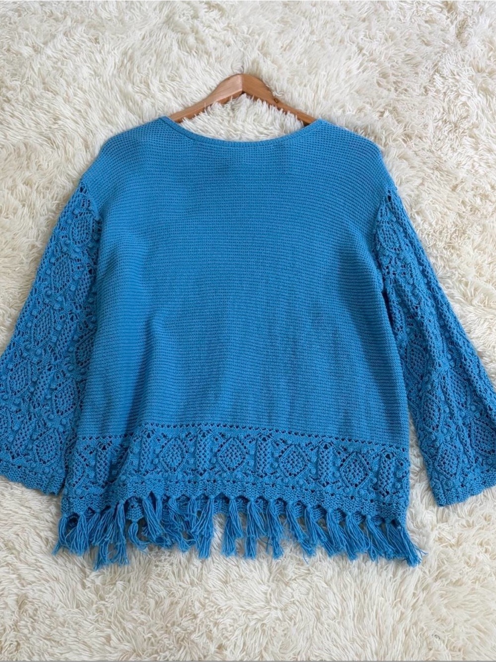 Ruby Rd. Teal Blue Crochet-Sleeve Fringe Knit Sweater